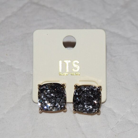 NWT ITS SENSE Black Silver Speckled Studs Gold Setting Earrings - Picture 1 of 5